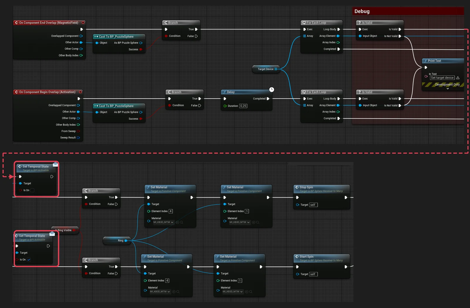 The socket's Blueprint graph, in two parts. Above: two overlap events, the sphere checked, a quarter of a second of delay when it enters, then a loop over the socket's list of targets, with a development-only warning when an entry is empty. Below, where the loop continues: a Set Temporal State message to each target through the BPI_Activable interface, outlined, off when the sphere leaves and on when it enters, then the ring's lights and spin.