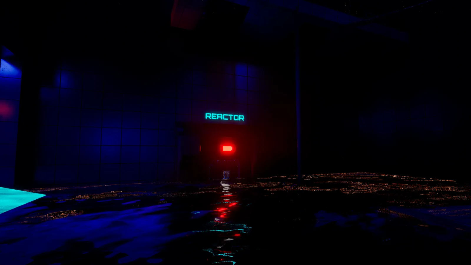 A Reactor sign and a red light above a half-submerged door, reflected in the water.