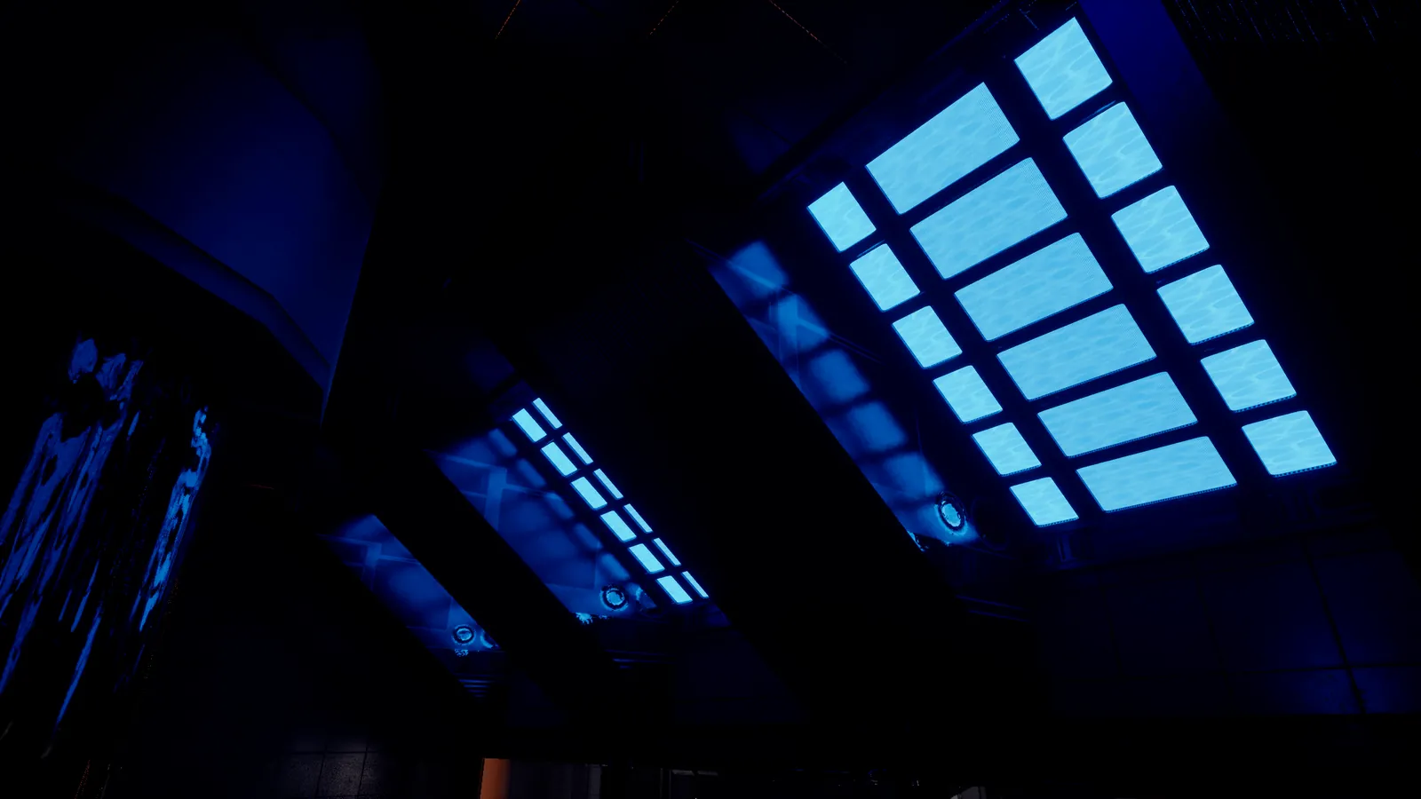 The Flooded Corridor ceiling in the blue emergency light.