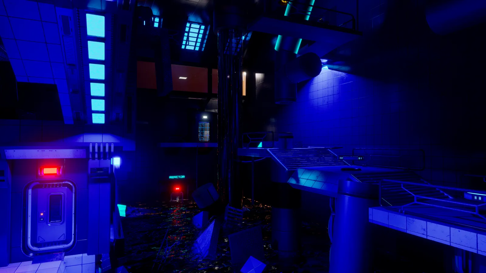 The Flooded Corridor as you walk in: a red light and a Reactor sign at the far end, the waterfall, water on the floor.