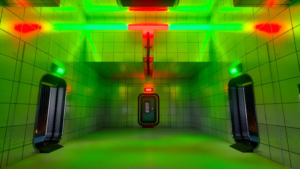 The room with four doors with the left and right locks on, in green, and the reviver still off, in red.