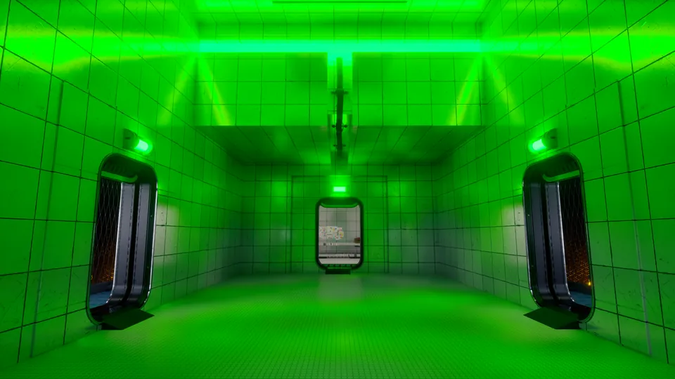 All three locks on: the whole room is green and the central door is open.