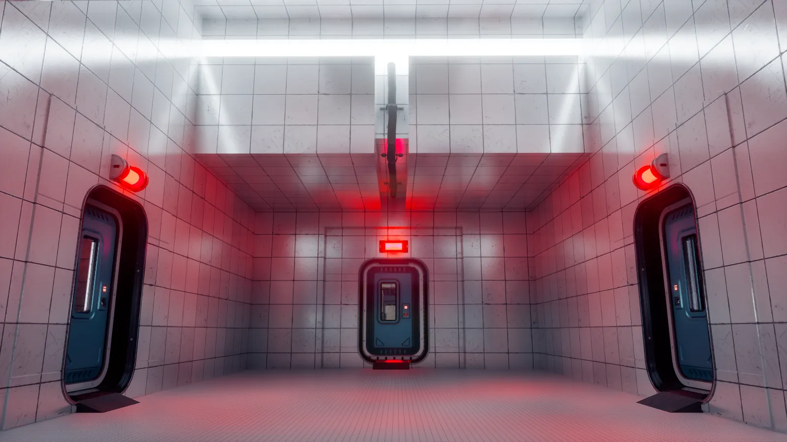 The room with four doors: three closed doors with red lights and the light band above them.